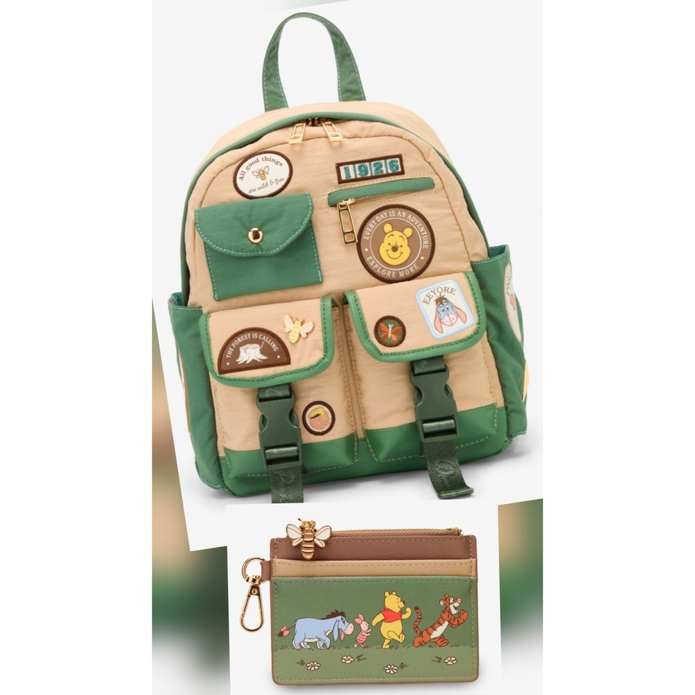 NEW Disney Winnie the Pooh & Friends Patchwork Canvas Backpack & Cardholder
